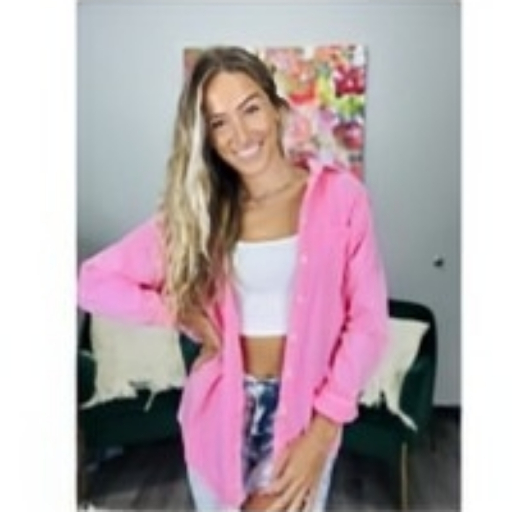 POL Pink Oversized Button-Up Shirt